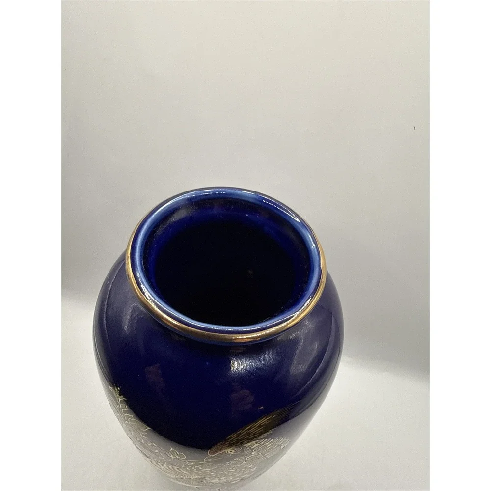 Kutani Cobalt Blue Pheasant and Flowers Vase Japanese